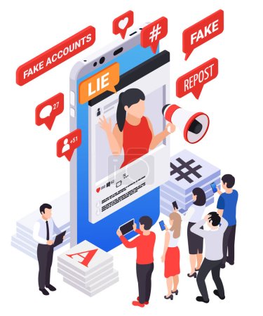 Fake news disinformation propaganda isometric composition with human characters hashtags and smartphone with scam chat bubbles vector illustration