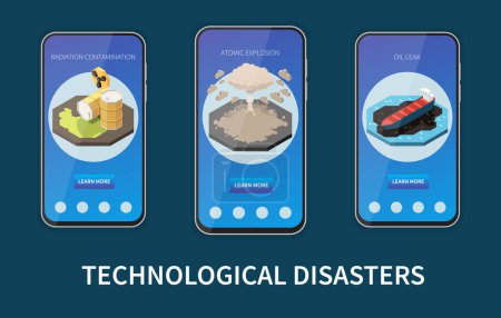Illustration for Natural and technological disaster isometric mobile app templates isolated vector illustration - Royalty Free Image
