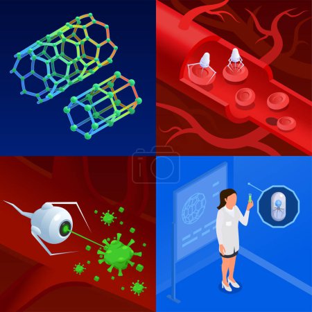 Ilustración de Concepto de diseño de nanotecnología isométrica 2x2 con nanotubos nanorobots y científica femenina en ilustración vectorial aislada de laboratorio - Imagen libre de derechos