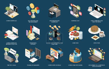 Hybrid work workplace home office model isometric icons set isolated on color background 3d vector illustration