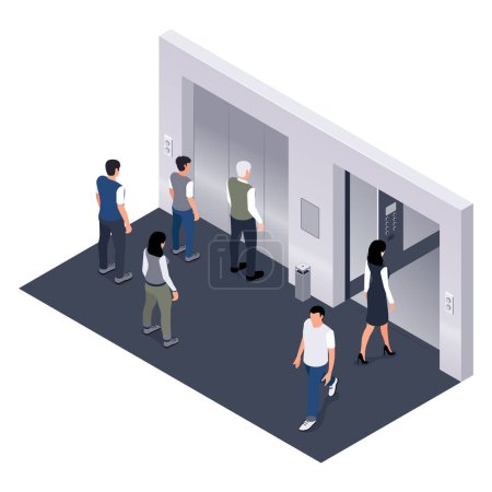 Illustration for Modern office hall with employees and two passenger elevators isometric composition isolated on white background vector illustration - Royalty Free Image