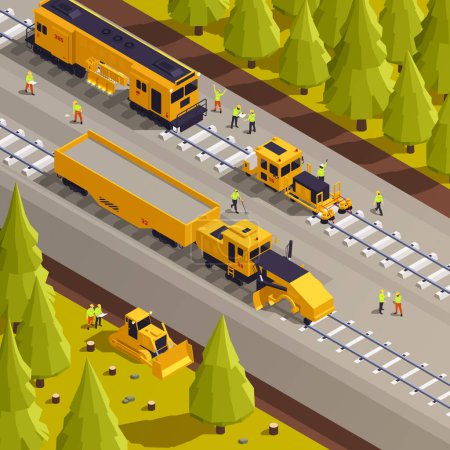 Téléchargez les illustrations : Isometric railroad track laying process with railway machinery and working people 3d vector illustration - en licence libre de droit