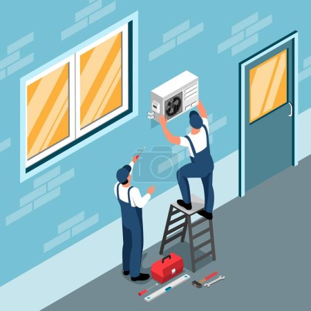 Air conditioning isometric composition with handymen installing cooler vector illustration