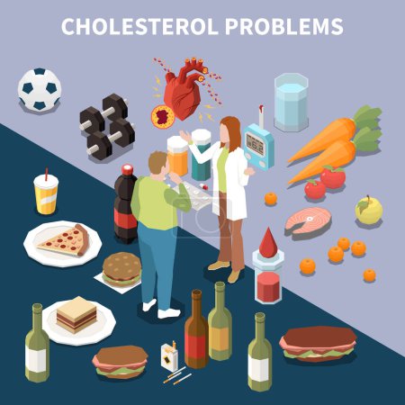 Illustration for Cholesterol isometric concept with good and bad fat products vector illustration - Royalty Free Image