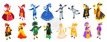 Isometrische venezianische Kostüme Karneval Ikone Set mit isolierten menschlichen Charakteren tragen verschiedene bunte Anzüge mit Masken Vektor Illustration