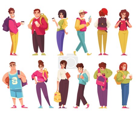 Ilustración de Estudiantes masculinos y femeninos con mochilas iconos de dibujos animados conjunto ilustración vectorial aislado - Imagen libre de derechos