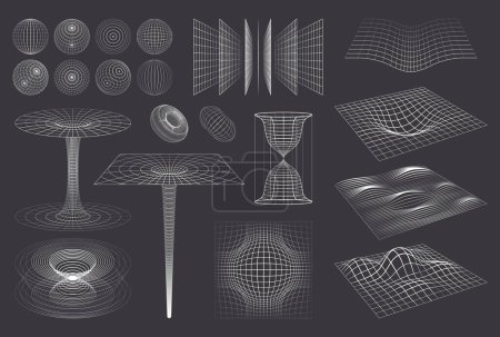 Grille de formes 3D sertie d'images monochromes isolées de sphères filaires courbes vortex et illustration vectorielle d'ondes encombrantes