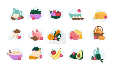 Illustration for Macronutrients flat set on blank background with isolated icons of raw food products and served dishes vector illustration - Royalty Free Image