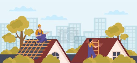 Roof flat composition with cityscape background view of building and finishing works on houses under construction vector illustration
