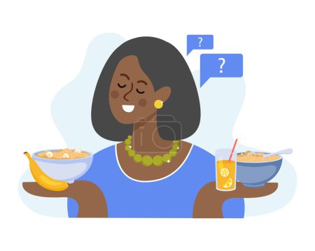 Illustration for Oatmeal composition with blank background and flat doodle character of black woman with dishes on hands vector illustration - Royalty Free Image