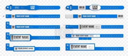 Realistic plastic bracelet control set with images of wearable tapes for event entry on transparent background vector illustration
