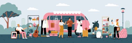 Illustration for Second hand sunday market with retro clothes selling outdoors flat vector illustration - Royalty Free Image