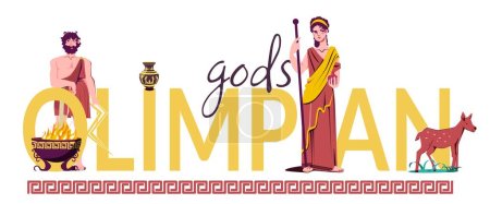 Illustration for Olympian gods flat text composition large inscription gods olympian two figures of the gods and a small deer vector illustration - Royalty Free Image