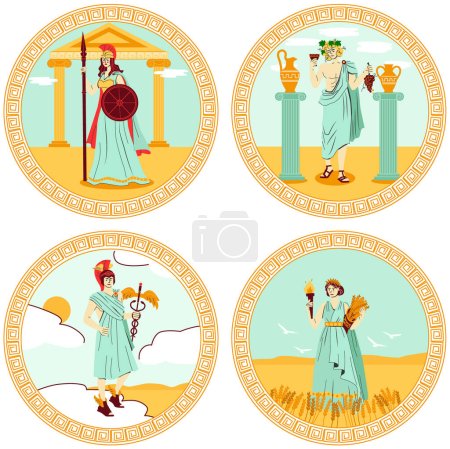 Illustration for Olympus gods four round colored emblems with hermes athena demeter dionysius persons flat isolated vector illustration - Royalty Free Image