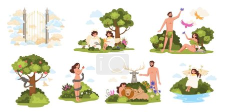 Téléchargez les illustrations : Paradise bible flat set with isolated compositions of adam and eve scenes with angels and trees vector illustration - en licence libre de droit