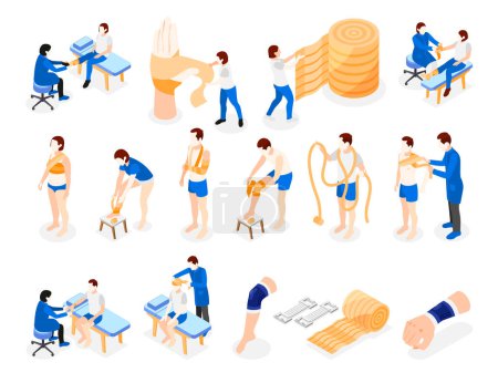 Téléchargez les illustrations : Elastic bandage application isometric icons set with human characters of patients and doctors isolated vector illustration - en licence libre de droit