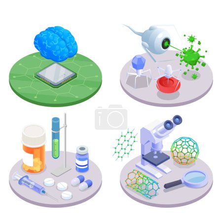 Ilustración de Nanotechnology nanomedicine isometric design concept with microchip nanorobots medication and nanotubes isolated 3d vector illustration - Imagen libre de derechos