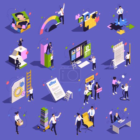 Employee onboarding isometric icons set with staff welcoming new worker 3d isolated on color background vector illustration