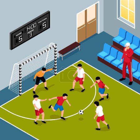 School football team during match in gym 3d isometric vector illustration
