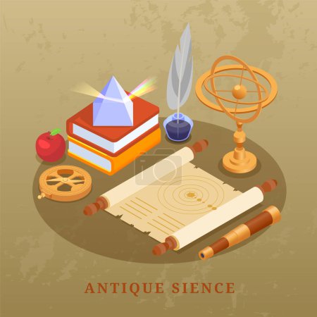 Illustration for Ancient science concept with geography symbols isometric vector illustration - Royalty Free Image