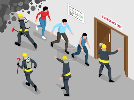 Ilustración de Isometric evacuation alarm concept with fire fighters vector illustration - Imagen libre de derechos