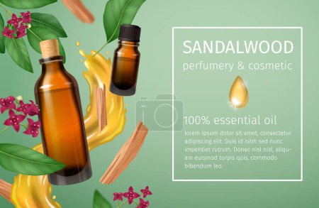 Illustration for Sandalwood realistic banner promoting sandal essential oil used in perfumery cosmetic and aromatherapy vector illustration - Royalty Free Image