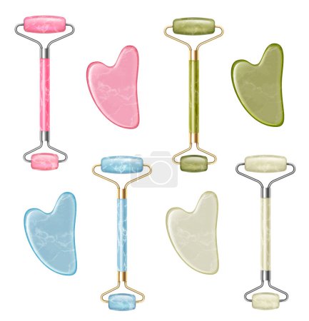 Illustration for Realistic set of tools for gua sha massage with different color rollers and scrapers isolated vector illustration - Royalty Free Image