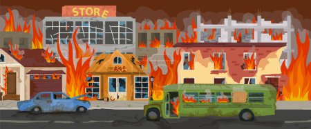 Ilustración de Ciudad en el fuego fondo horizontal que representa llamas estalló por las ventanas de casas rotas ilustración vector plano - Imagen libre de derechos