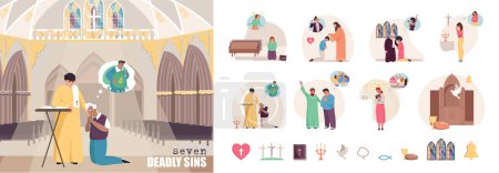 Téléchargez les illustrations : Set with isolated sin religion flat compositions of priest characters absolving praying sinners of their sins vector illustration - en licence libre de droit