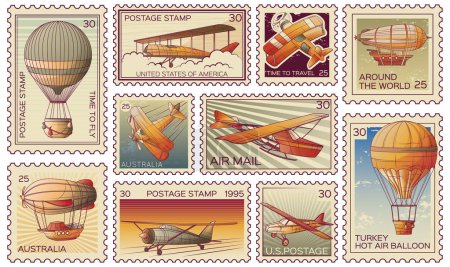 Illustration for Aeronautics retro vintage aircraft transport postage stamps set with isolated mail labels with text and value vector illustration - Royalty Free Image