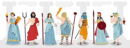 Ilustración de Olympus dioses composición de color plano con personajes de mitología griega en el fondo de las columnas antiguas ilustración vectorial - Imagen libre de derechos
