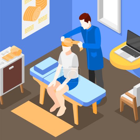 Téléchargez les illustrations : Médecin appliquant un bandage élastique à la tête du patient masculin Illustration vectorielle isométrique 3D - en licence libre de droit
