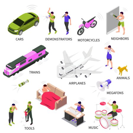 Téléchargez les illustrations : Noise source isometric set of various transport people working with tools and musical instrument isolated vector illustration - en licence libre de droit