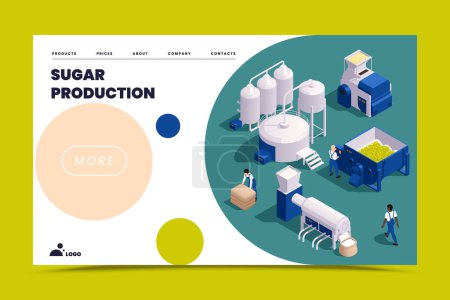 Illustration for Sugar production isometric landing page with information about equipment for technological process vector illustration - Royalty Free Image