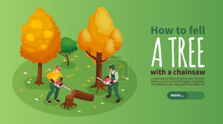 Garden workers horizontal banner with chainsaw symbols isometric vector illustration