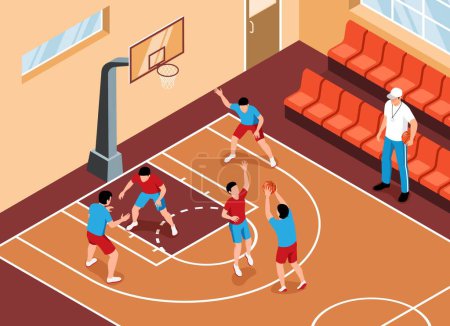 Studenten spielen Basketball in der Schulsporthalle mit männlichen Lehrer beobachten sie 3d isometrische Vektor-Illustration
