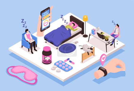 Illustration for Healthy sleep concept with nightmares and insomnia symbols isometric vector illustration - Royalty Free Image