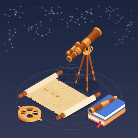 Illustration for Ancient science composition with astronomy symbols isometric vector illustration - Royalty Free Image