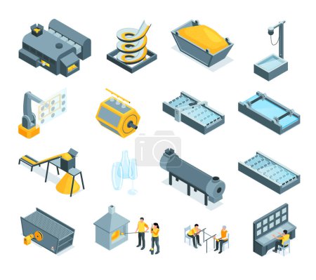 Illustration for Glass production isometric set of equipment for washing and sifting sand blowing glass pulling out and cutting isolated vector illustration - Royalty Free Image