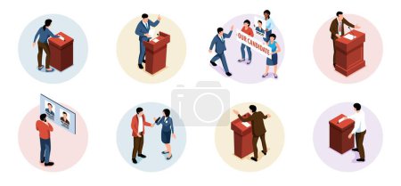 Illustration for Isometric election compositions set with political debates and voting procedure symbols isolated vector illustration - Royalty Free Image