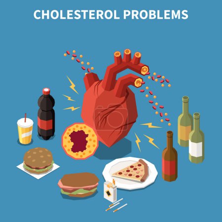 Téléchargez les illustrations : Problèmes de cholestérol concept isométrique avec de bons et mauvais produits gras illustration vectorielle - en licence libre de droit