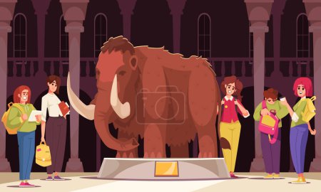 Illustration for Students with backpacks on excursion in archeological museum cartoon vector illustration - Royalty Free Image