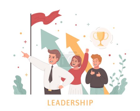 Illustration pour Leadership cartoon design concept with teamwork of creative young people believing in success flat vector illustration - image libre de droit