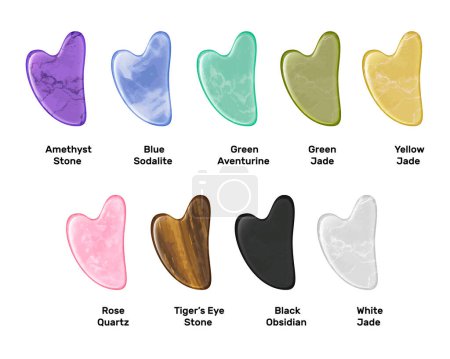 Illustration for Gua sha massage tools made of rose quartz jade obsidian blue sodalite green aventurine amethyst tigers eye stone realistic composition isolated vector illustration - Royalty Free Image