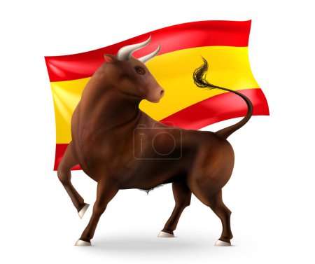 Illustration for Color bull realistic composition with isolated view of horned animal in front of spanish national flag vector illustration - Royalty Free Image