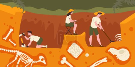 Ilustración de Archeology composition with profile view of ground with hole and people digging out bone remains findings vector illustration - Imagen libre de derechos