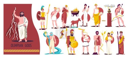 Olympische Götter isoliert flache Ikone setzen verschiedene Götterfiguren und griechische Krieger Vektor-Illustration