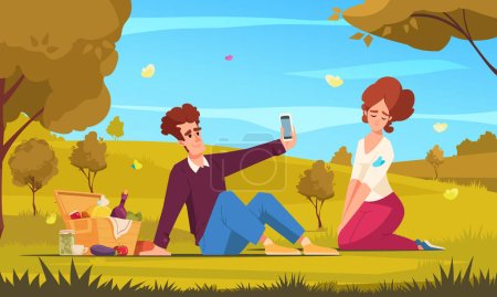 Picnic cartoon concept with young couple having romantic weekend outdoors vector illustration