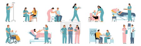 Nurse flat icons set with medical professional service scenes isolated vector illustration