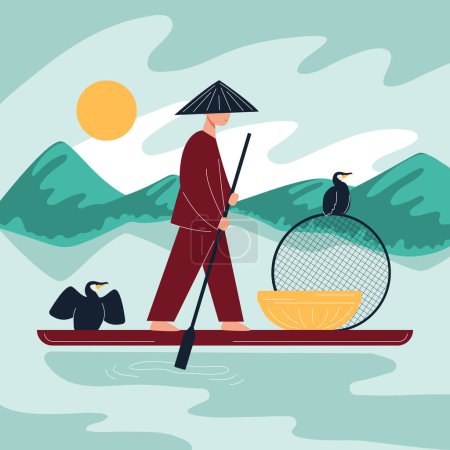 Ilustración de China symbol flat composition of landscape view with flat bottomed boat and standing man with paddle vector illustration - Imagen libre de derechos